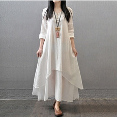 Vintage Women Double Layers Long Spring Fall Loose Maternity Tops Maxi Tunic Dress