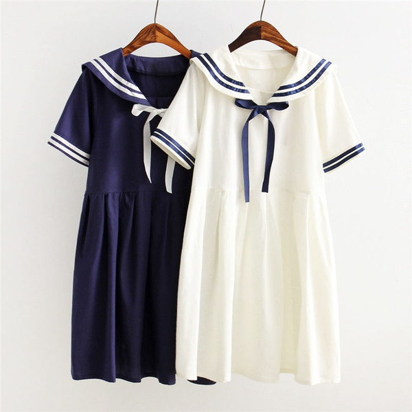 Ladies Linen Sailor Collar Bowknot Dress Womens Girls Lovely Casual ...