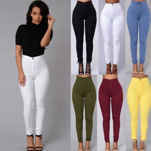 Womens Casual Fashion Vintage Skinny Trousers Slim Elastic High Waisted  Tight Pants