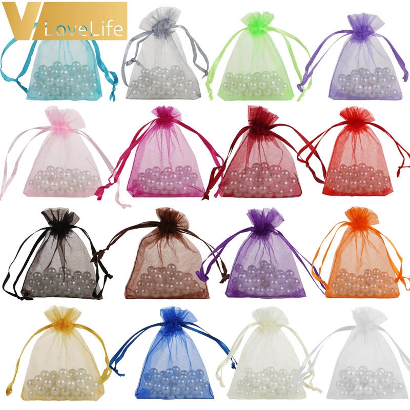 50pcs 7cmx9cm Sheer Organza Bags Drawable Jewelry Pouch Gift Packaging Bag Candy Bag For Wedding Party Favors Xmas Decorations Wish
