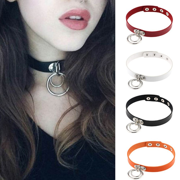 Fashion Classic Black Double O Ring Gift Leather Rock Punk Belt Necklace Choker Collar Jewelry Wish