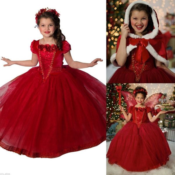 Kids Girls Red Dress Cape Fancy Xmas Princess Party Swing Dress