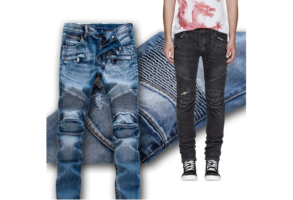 Biker Jeans Uomo Moto Denim Uomo Fashion Brand Designer Strappato  Distressed Joggers Lavato Pieghettato Jeans Moto Pantaloni Nero Blue231Q Da  31,26 €