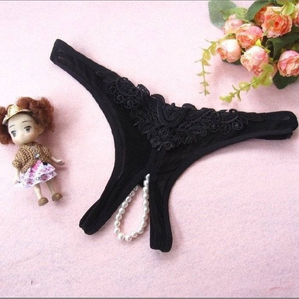 Women Sexy Lace Open Crotch Underwear Crotchless Faux Pearl Decor Lingerie Thong Nightwear G string Panties