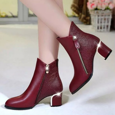 Chunky High Heel Women PU Leather Ankle Boots US Size 4.5-9, Red & Black