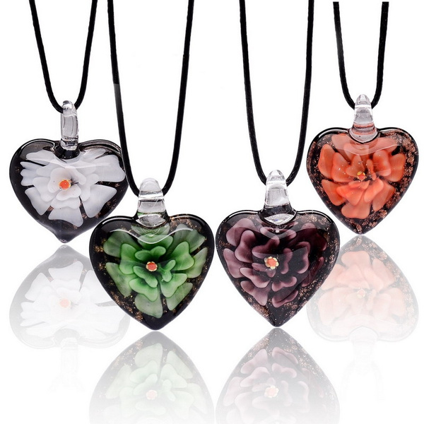 SupremeLife Halskette Murano Glass Pendant Necklace Purple Heart Flowers Ribbon Chain