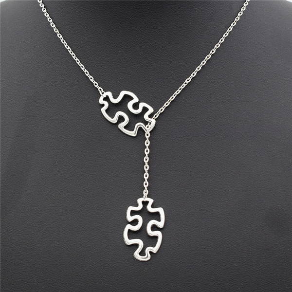 Abstract Autism Awareness Puzzle Necklace -Silver - Forever Linked