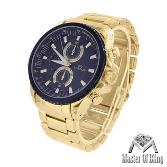 Black Dial Watch Mens Big Face Bezel 14k Gold Tone Steel Case NY