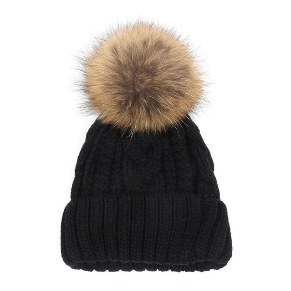 Thick Cable Knit Beanie Hat with Soft Faux Fur Pom Pom | Wish