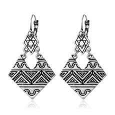 European African Ethnic Vintage Tibetan Silver Geometry Statement Drop Earrings For Women Clothing Accessories Jewelry