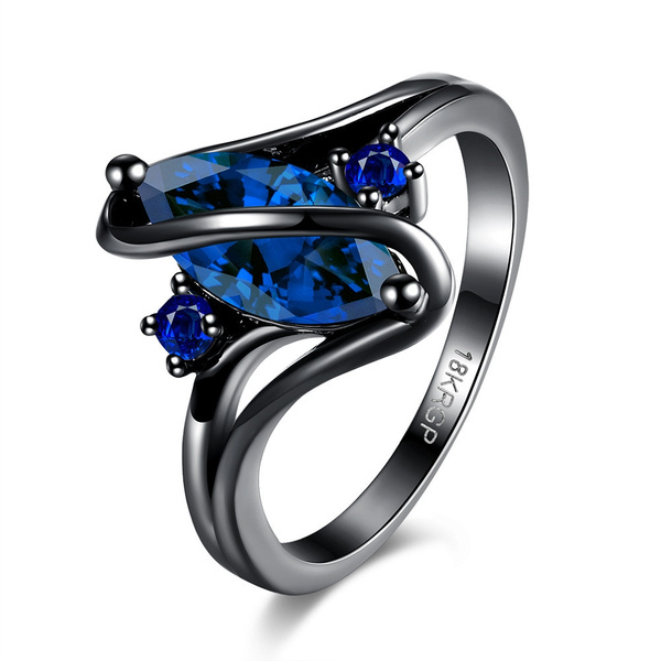 Blue Sapphire Birthstone 14k Black Gold Filled Wedding Bridal Ring Gift Size 7