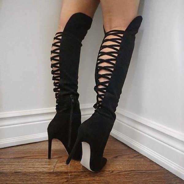 Women Ladies Thigh High Heel Boots Over The Knee Party Lace Up Boots ...