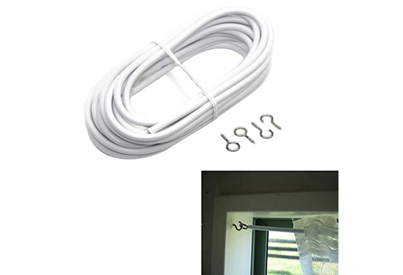 Net Curtain Wire White Window Cord Cable With 16 HOOKS & EYES 