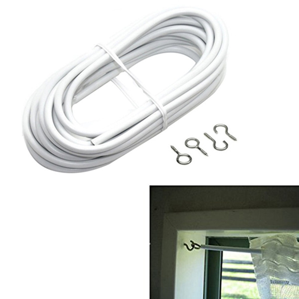 NET CURTAIN WIRE WHITE WINDOW CORD VOIL EXPANDING CABLE WITH FREE HOOKS & EYES 