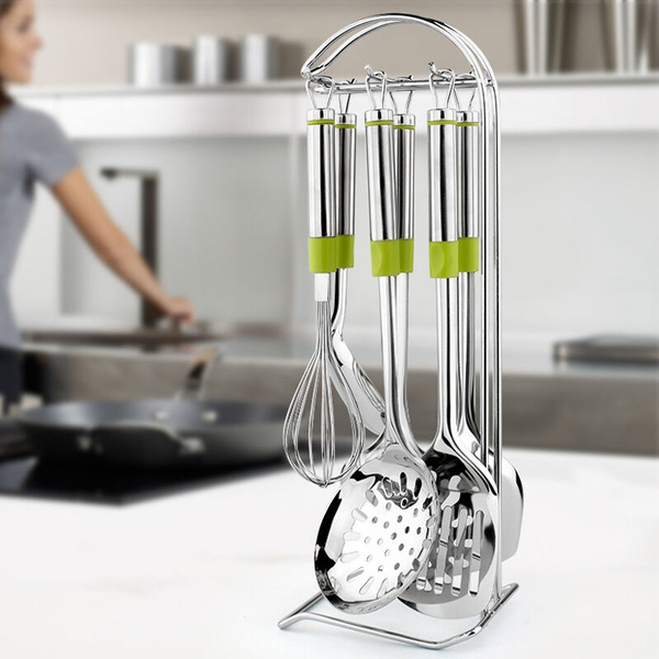 7 Pieces Kitchen Utensil Sets Green Handle Stainless Steel Metal ...