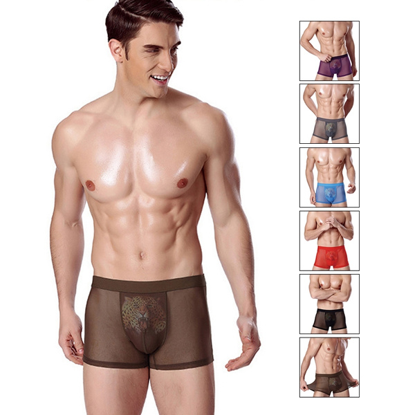 Fashion Tiger Pattern Transparent Underwear Gay Boxers Shorts Sexy Gauze  Men Breathable Panties