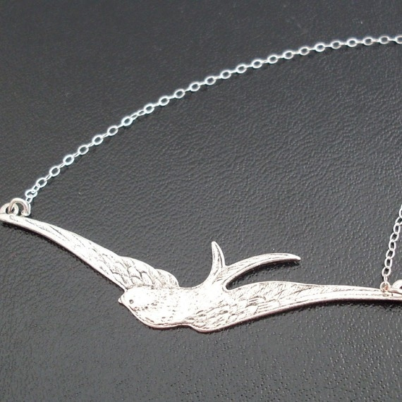 Silver-tone Sparkly  Rhinestone Swallow Bird with Faux Pearl  Vintage Inspired Unique Bird Pendant Necklace Jewelry Bird Lover gift A1679