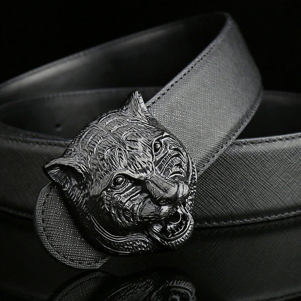 Leather belt with tiger cheap head buckle