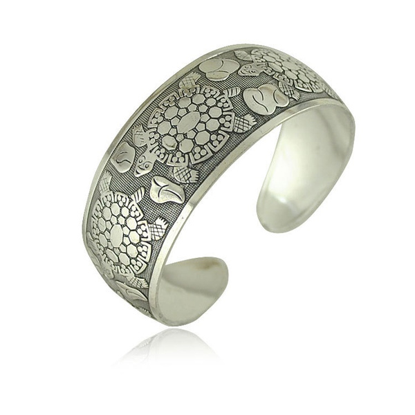 Tibet Silver Plated Carved Longevity Turtle Pattern Bracelet Party Gift TEUS 