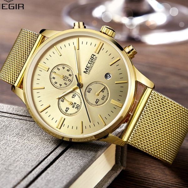 MEGIR Cronografo da uomo Orologio al quarzo Cinturino in maglia di acciaio  inossidabile Orologi dorati Orologi da uomo sottili Orologio da polso  sportivo multifunzione | Wish