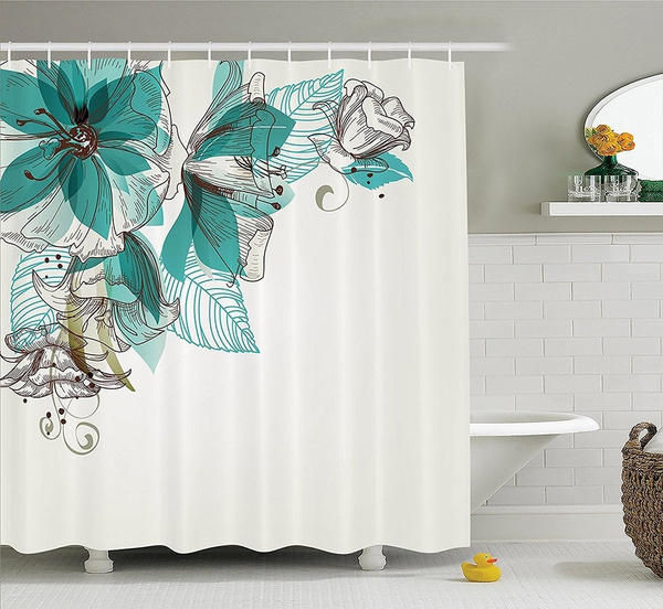 Flowers Buds Leaf, Teal And Brown Fabric Shower Curtain