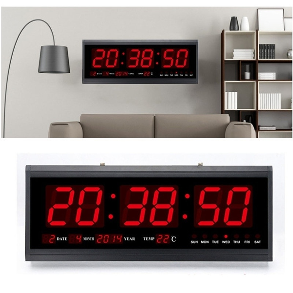 AC100v-240V Red Digital Large LED Wall Clock Desk Calendar Alarm Clock ...