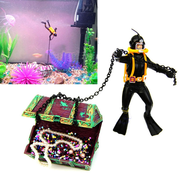 Aquarium Fish Tank Ornament Decoration Treasure Hunter Chest Diver ...