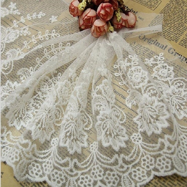 Wedding Lace Trim White Retro Embroidery Tulle Fabric 9.1"width 1yard S7 