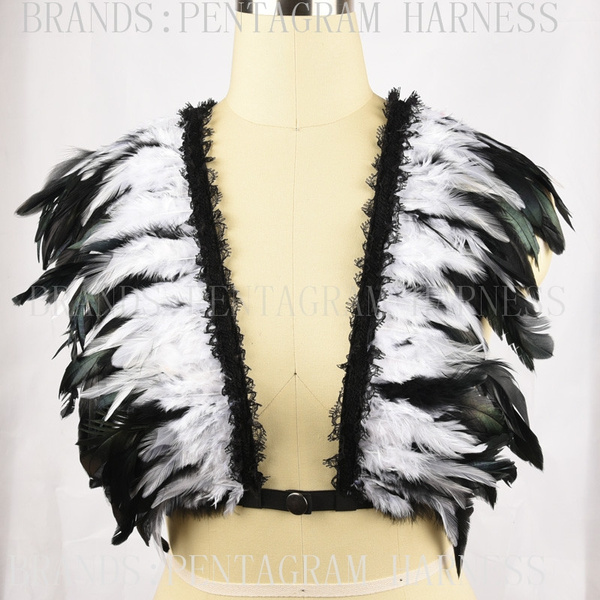 Black-white Feather Bra Goth Gypsy Lingerie Shoulder-Epaulettes Wings Body  Harness Cage Bra Crop Top Bondage Lingerie