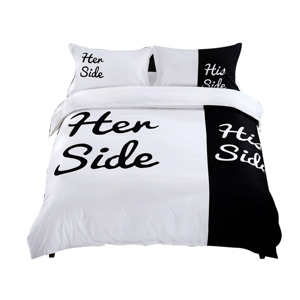 3pcs 4pcs Couple Lover His And Her Side Black White Duvet Quilt Cover Bedding Set King Queen Bed Size Valentine S Day Wish White Duvet Quilt Cover Bedding, Black And White King Size Bed In A Bag