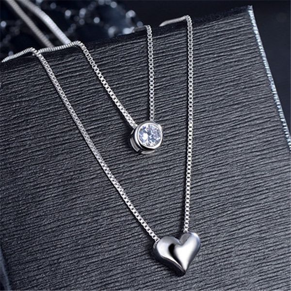 925Sterling Silver Zircon Sweet Heart Pendant Women Chain Necklace YN277 
