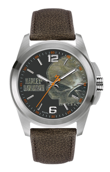 Harley-Davidson Men's Bulova Watch, Vintage Willie G. Skull, Brown