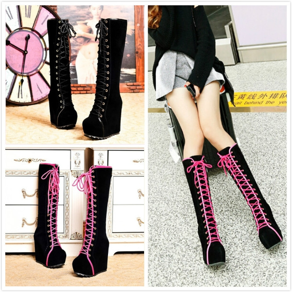 Fashion Womens Knee High Boots Faux Suede High Heels Wedge Platform Shoes Boots