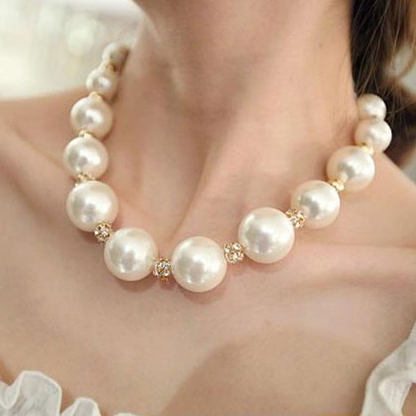 Fashion Elegant Big Pearl Chain Short Necklace Bride Luxury Diamonds  Necklace