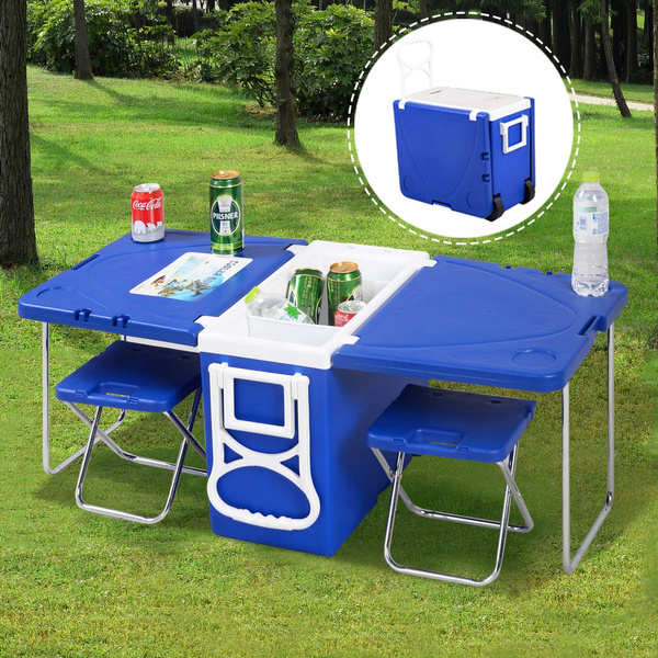 Multi function rolling cooler picnic camping hot sale w table & 2 chairs red