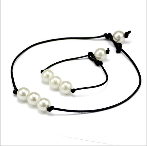Fashion Women Black Leather Cord Pearl Pendant Choker Necklace Jewelry