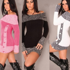 2018 Autumn Women's Fashion Long Sleeve Mixed Colors Long Sweater Mini Dress Knitted Wear Knitted Dress Sweater Dress