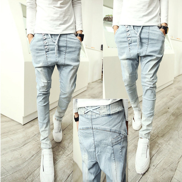 Men's Ripped Washed Denim Drop Crotch Harem Baggy Jeans | Wish