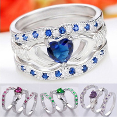 Claddagh Heart Cut Sapphire & Silver Crystal Ring Wedding 3pcs/set