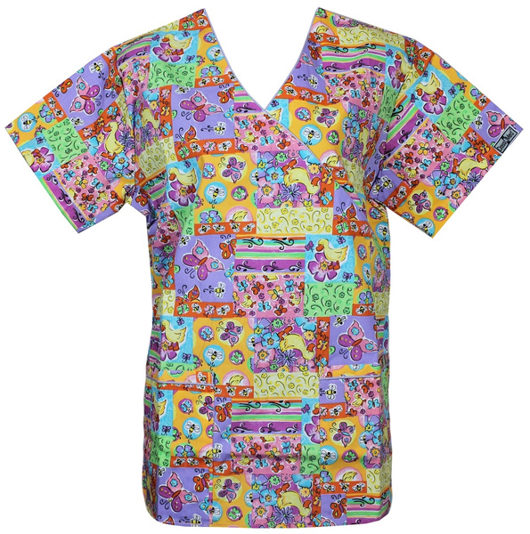 Butterfly Bee Duck Flower Pink Yellow Purple Contrast Mock Wrap Scrubs