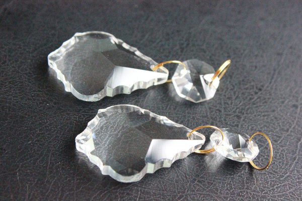 20 Lot Maple Leaf Crystal Glass Prisms Chandelier Lamp Part Brass Ring Pendant 