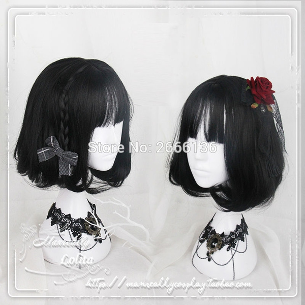 New 40cm Daily style Wig cosplay girl style short hair Black curls hair Harajuku soft lolita short wig No headwear