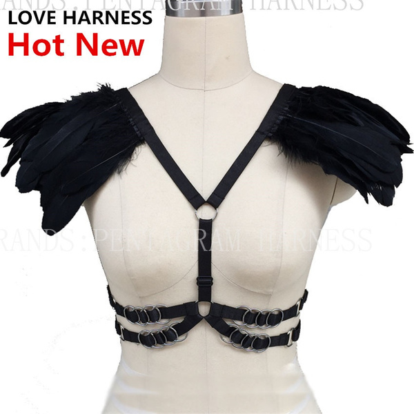 Black-white Feather Bra Goth Gypsy Lingerie Shoulder-Epaulettes