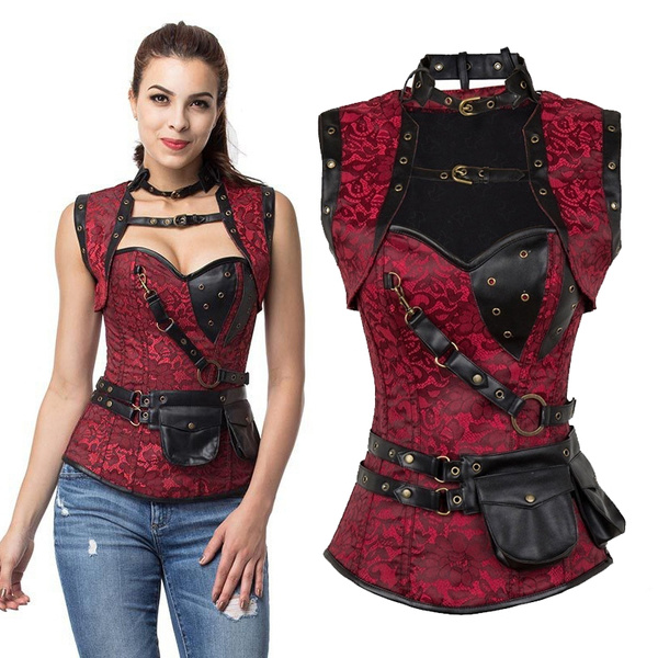 Red Embroidery Floral Steel Boned Corsets and Bustiers Steampunk Corset Top  With Pocket Belt and Jacket Gothic Clothing