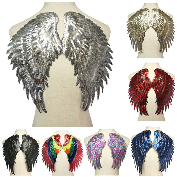 Red, Big Dandan DIY 1 Pair Colorfull Macaw Sequins Angel Wings Sew on/Iron On Patch DIY Embroidered Applique Bling Wings for Jackets Cloth Decoration Valentines Day Gifts