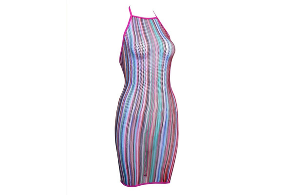 Women Lingerie Rainbow Fishnet Babydoll Halter Chemise Mini Dress Nightwear