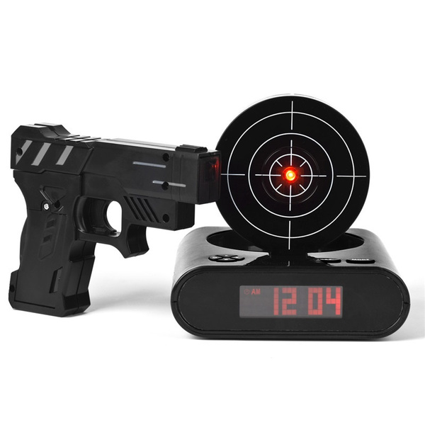 Laser Gun Alarm Clock Shoot To Stop LCD Screen Target Shooting Novelty Gadget 