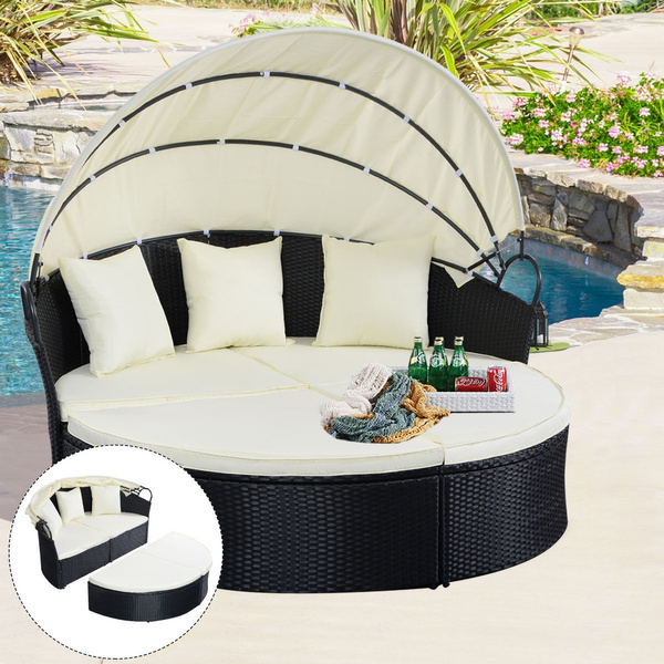 Outdoor Patio Sofa Furniture Round Retractable Canopy Daybed Black Wicker Rattan Wish Outdoor Patio Sofa Furniture Round, Outdoor Wicker Patio Furniture Round Canopy Bed Daybed