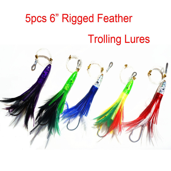 5x 6 Rigged Feather Trolling Fishing Lure Big Game Marlin Tuna SS