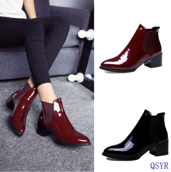 glossy black ankle boots